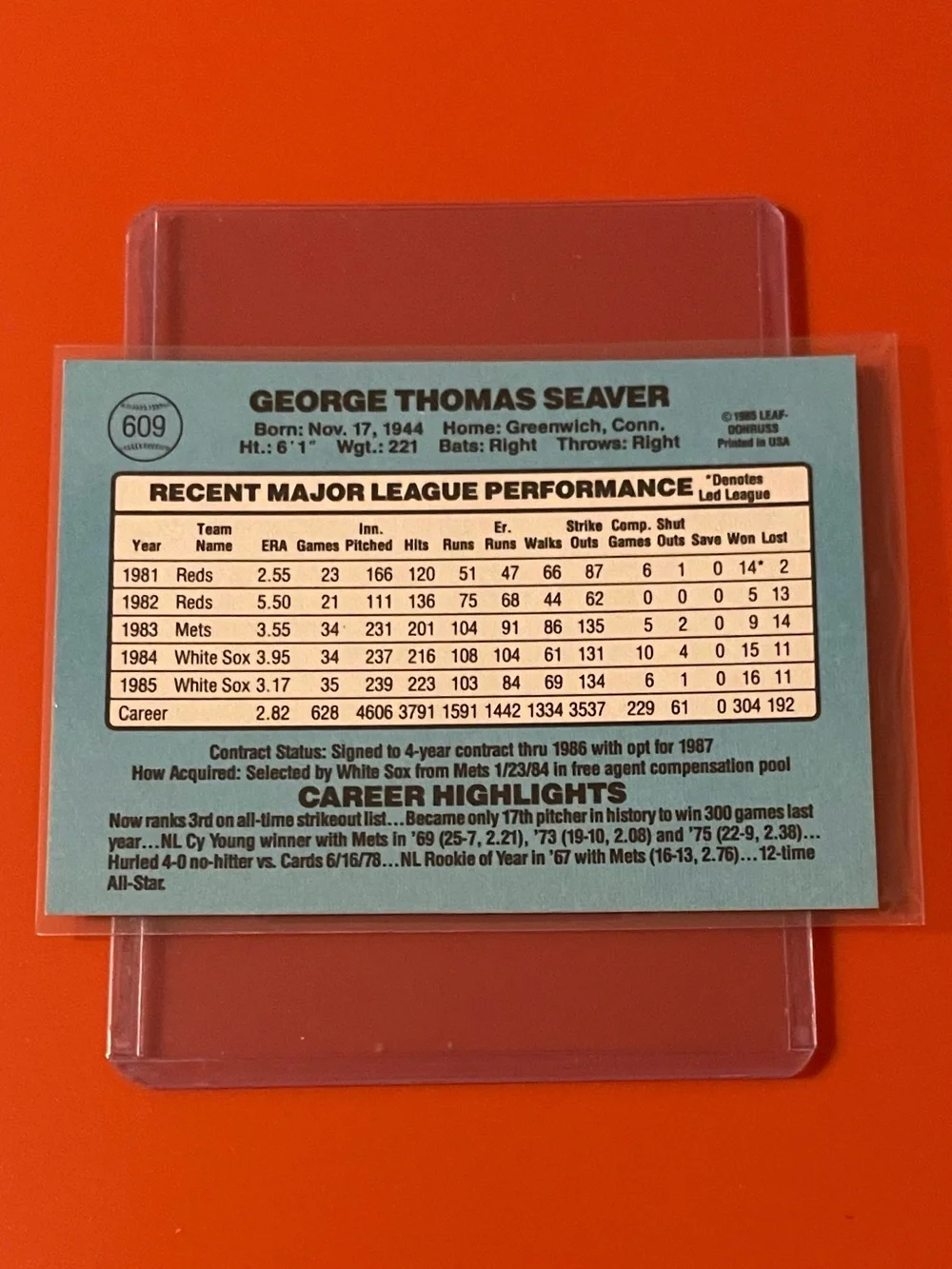 Tom Seaver [Green Stripes Around Name] #609 1986 Donruss Baseball Trading Card